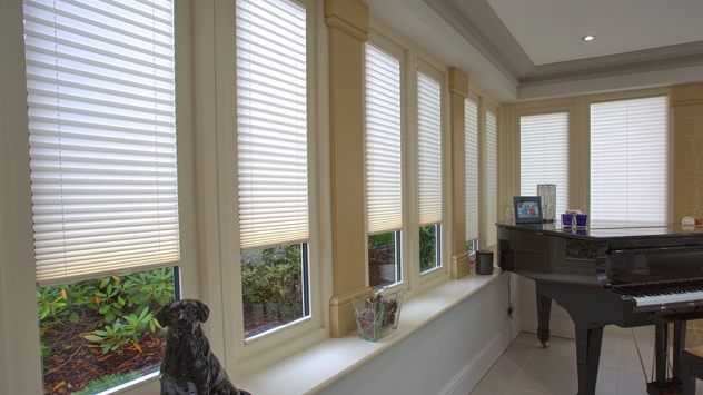 Pure pleated window blinds within an orangery in Leicester