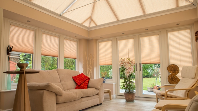 Remote control pleated roof blinds in an orangery in Nottingham