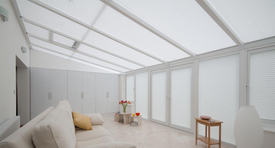 conservatory roof and side blinds with shade from sun